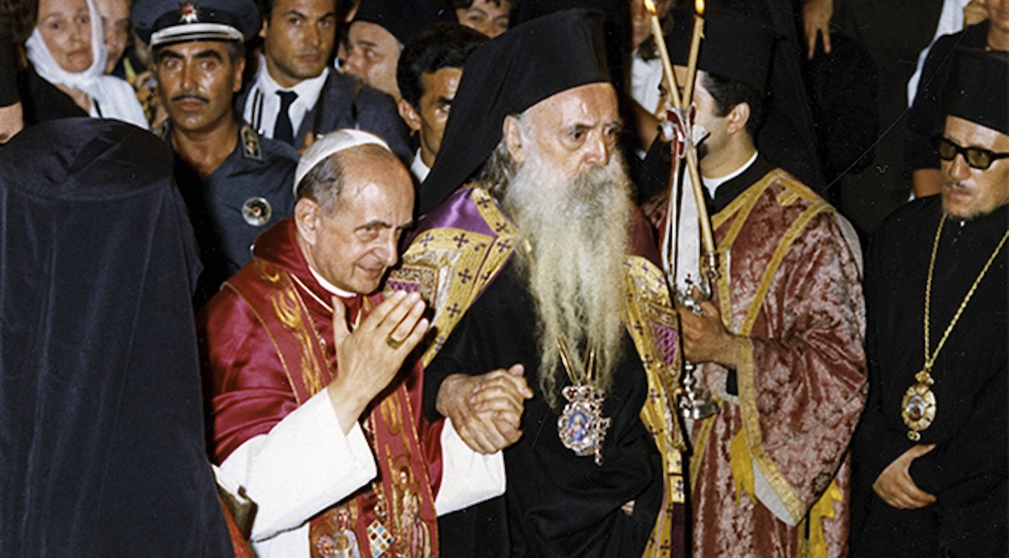 Pope Paul VI and Ecumenical Patriarch Athenagoras attend prayer service in Jerusalem in January 1964