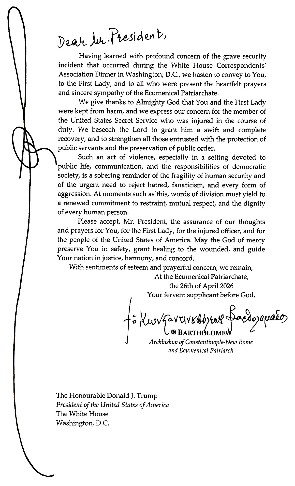 Patriarchal letter to President Trump after Assassination attempt