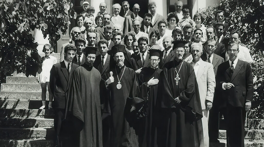 In this commemorative photo, His All-Holiness is shown at his ordination as a Deacon by Metropolitan Meliton of Imvros. His All-Holiness is pictured with clergy and residents of Imvros in front of the Metropolis. (Photo from fosfanariou.gr)