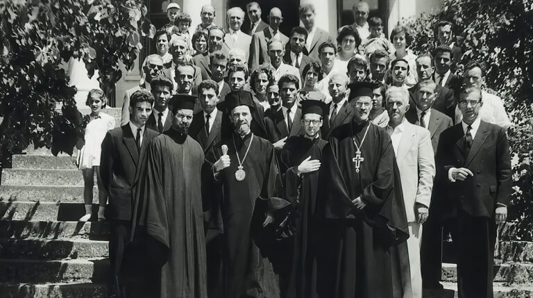 In this commemorative photo, His All-Holiness is shown at his ordination as a Deacon by Metropolitan Meliton of Imvros. His All-Holiness is pictured with clergy and residents of Imvros in front of the Metropolis. (Photo from fosfanariou.gr)