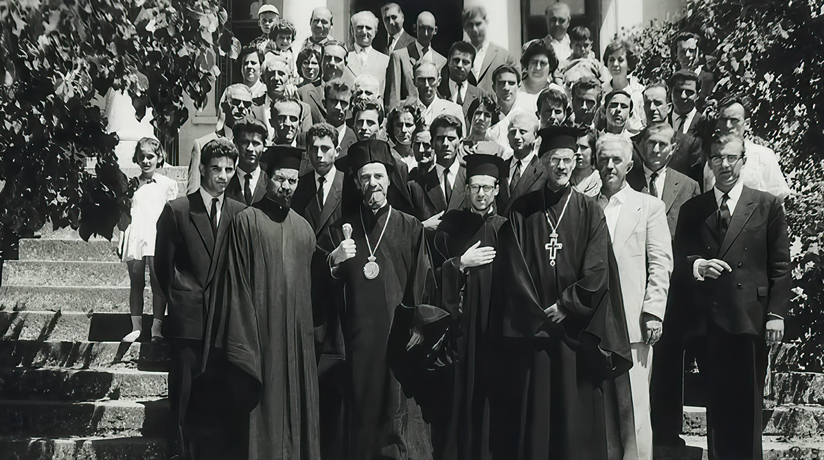In this commemorative photo, His All-Holiness is shown at his ordination as a Deacon by Metropolitan Meliton of Imvros. His All-Holiness is pictured with clergy and residents of Imvros in front of the Metropolis. (Photo from fosfanariou.gr)
